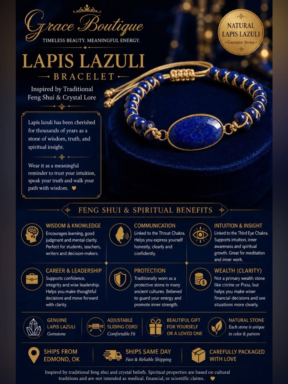 Natural Lapis Lazuli Bracelet - Blue Gemstone Bracelet